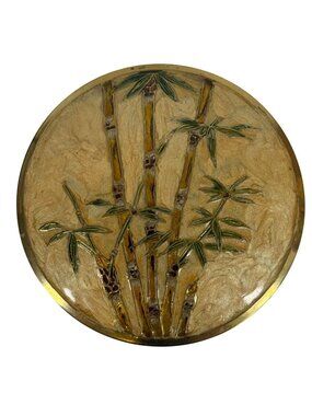 Vintage Brass Trinket Box Bamboo Lid Jewelry Tropical Asian Serene Zen Botanical